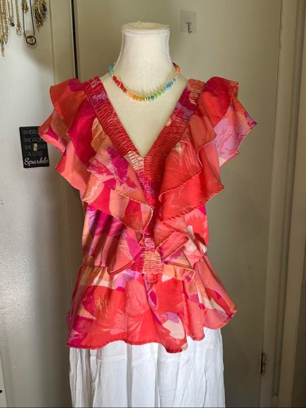 Pink and orange floral ruffle top